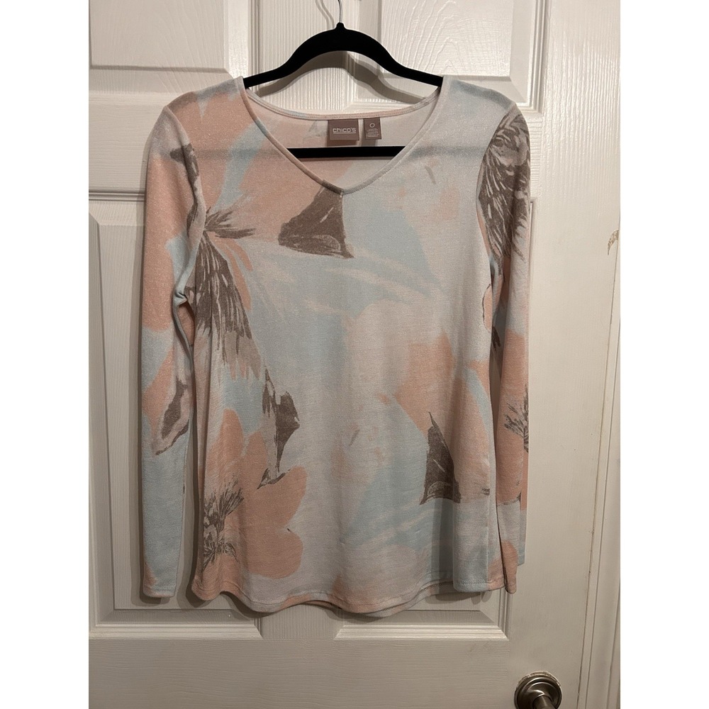 Chicos size‎ 0 top long sleeve floral pastel shirt top blouse knit stretch